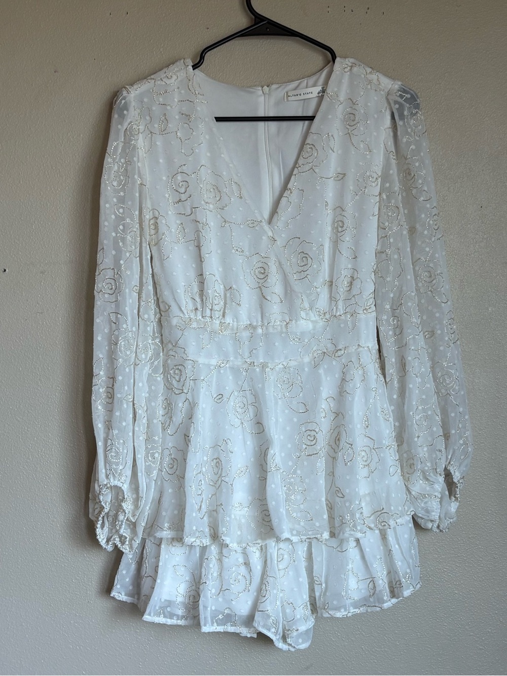 Altard State‎ Long Sleeve Floral Lace Romper Tie Waist Boho Festival White
